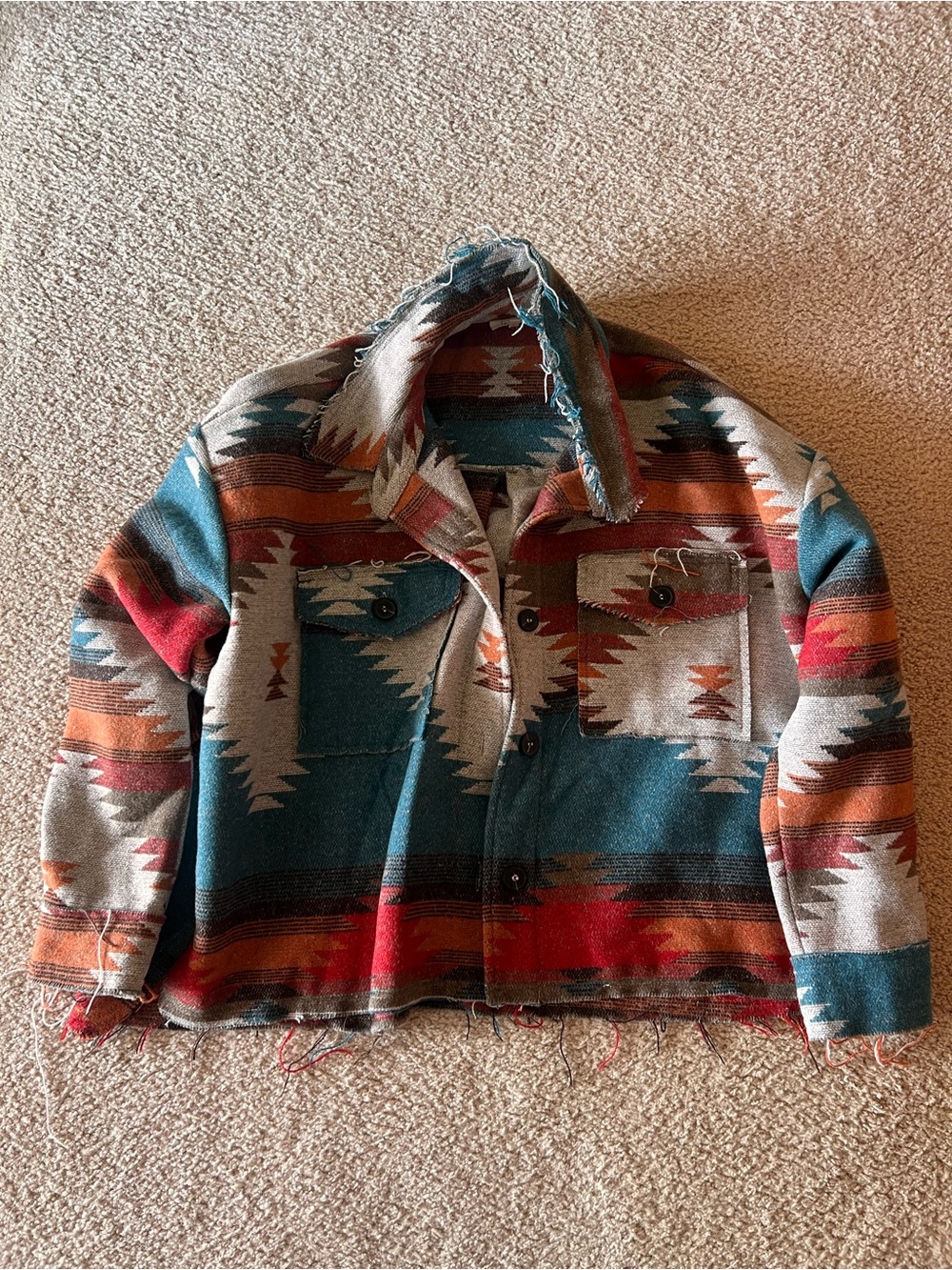 Multicolor Aztec Print Wool Jacket - Teal, Rust, Red, Cream
